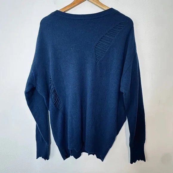 Helmut Lang Cashmere Navy Blue Distressed V Neck Oversized Sweater Womens Medium - Picture 9 of 13